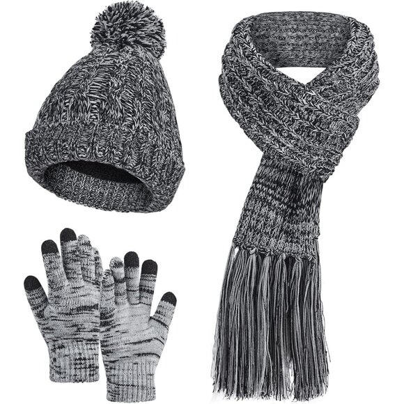 Womens Winter Beanie Hat Scarf Gloves Set 3 in 1 Thick Knit Warm Pompom Cap - Picture 1 of 5